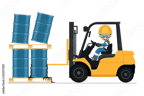 Forklift accident. Fork lift truck hitting barrel of hydraulic or petroleum oil, toxic materials. Forklift driving safety. Security First. Industrial Safety and Occupational Health