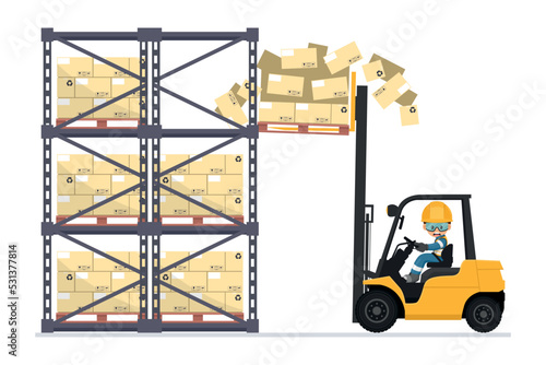 Forklift accident. Fork lift truck colliding with the warehouse rack and dropping the boxes from the pallet. Forklift driving safety. Security First. Industrial Safety and Occupational Health