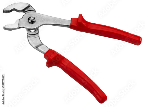 Fotografie Water pump pliers, adjustable pliers, work tool with red rubber handle  isolated