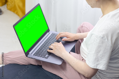 Young pregnant woman sitting on the sofa with a laptop with a green screen. Work from home.