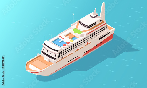 Luxury large cruise liner with pool and spa on roof. Marine journey in sea on touristic hotel, resort ship, vessel. Voyage white yacht summer holidays, vacation. 3d isometric icon, vector illustration