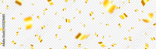 Gold confetti on transparent background. Falling golden tinsel. Realistic anniversary template. Flying bright serpentine. Christmas decoration for greeting card. Vector illustration