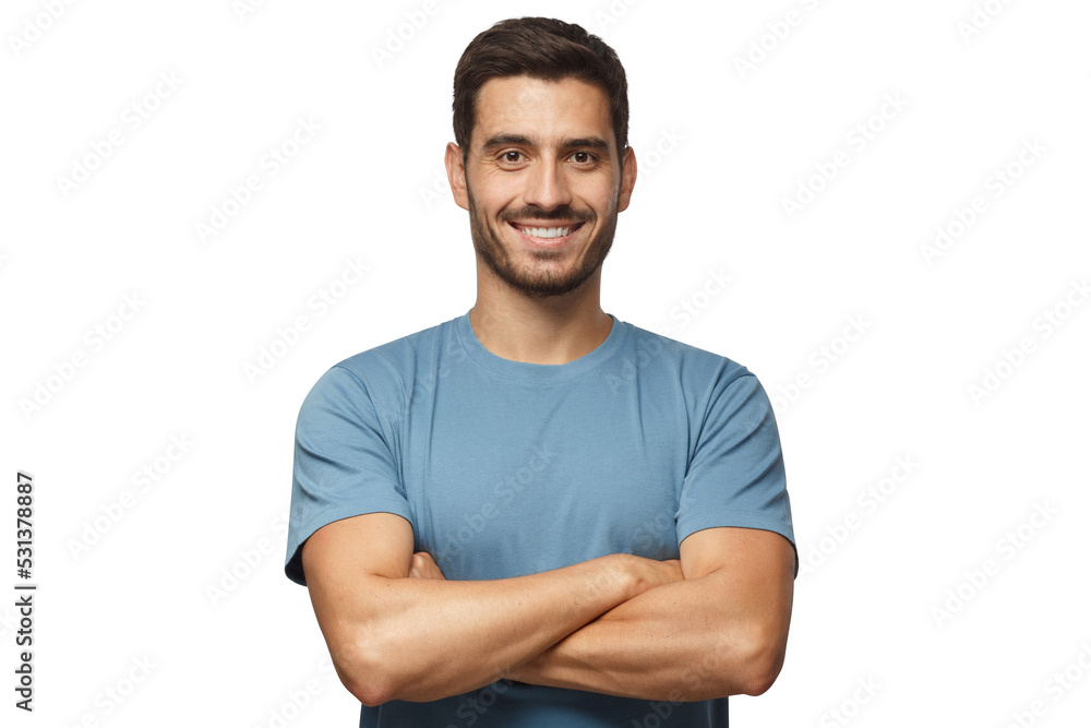 Portrait of smiling handsome man in blue t-shirt standing with crossed arms isolated - obrazy, fototapety, plakaty 