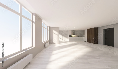 Empty Studio Flat 3D Interior with Large Windows and Kitchen