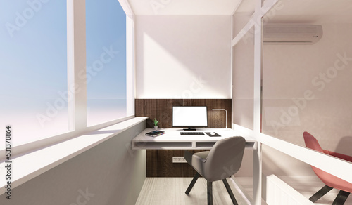 Place of Work 3d Interior with Group of Office Equipment and Accessories on the desk © Rashevskyi Media