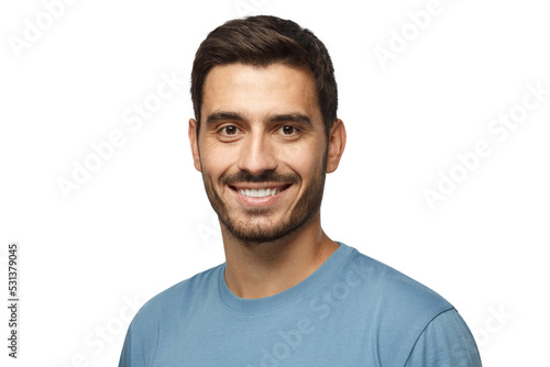 Headshot of young handsome european caucasian man wearing casual blue t-shirt, smiling happily © Damir Khabirov