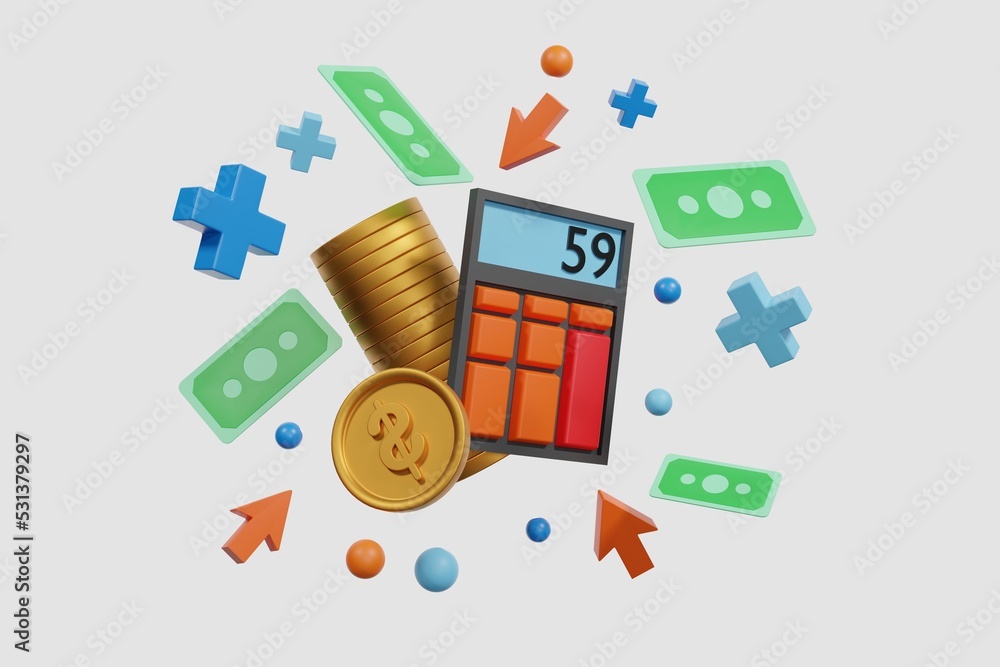 3D Calculator with money coins and banknotes isolate the white background, calculating financial risk planning - 3D illustration