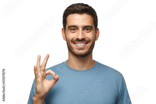 Young smiling man having happy look, gesturing, showing OK sign or showing okay gesture with his fingers photo