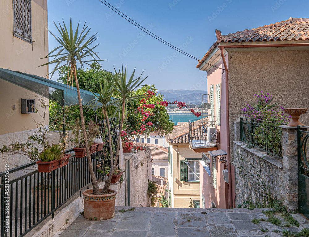 Street views of the town of Nafplio, capital of the region of Argolis, Peloponnese, Greece	
