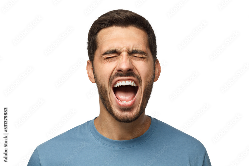 Closeup portrait of screaming with closed eyes crazy young man Closeup portrait of screaming with closed eyes crazy young man