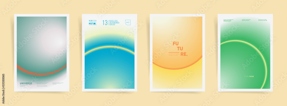 Minimal autumn neon vertical poster, gradient cover template design set for brochure, flyer or banner. Contrast cyberpunk gradient bright post. Vector space circles and waves..	