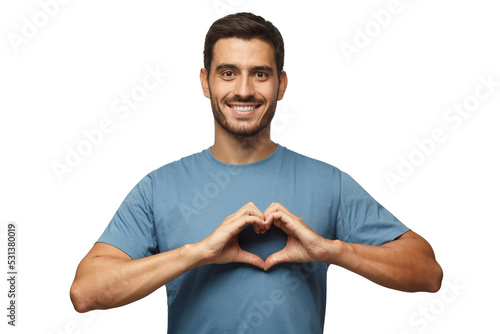 Young smiling handsome smiling male in blue t-shirt showing heart sign