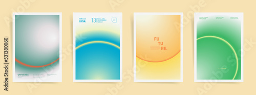 Minimal autumn neon vertical poster, gradient cover template design set for brochure, flyer or banner. Contrast cyberpunk gradient bright post. Vector space circles and waves..	
