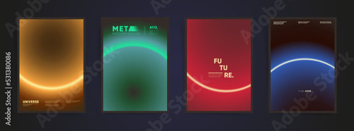 Abstract neon vertical posters, gradient cover template design set for poster, brochure, placard and book covers. Cyberpunk neon round gradient hi tech background. Vector neon waves black set.