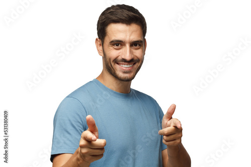 Hey you! Young man in blue t-shirt pointing to camera with fingers isolated photo