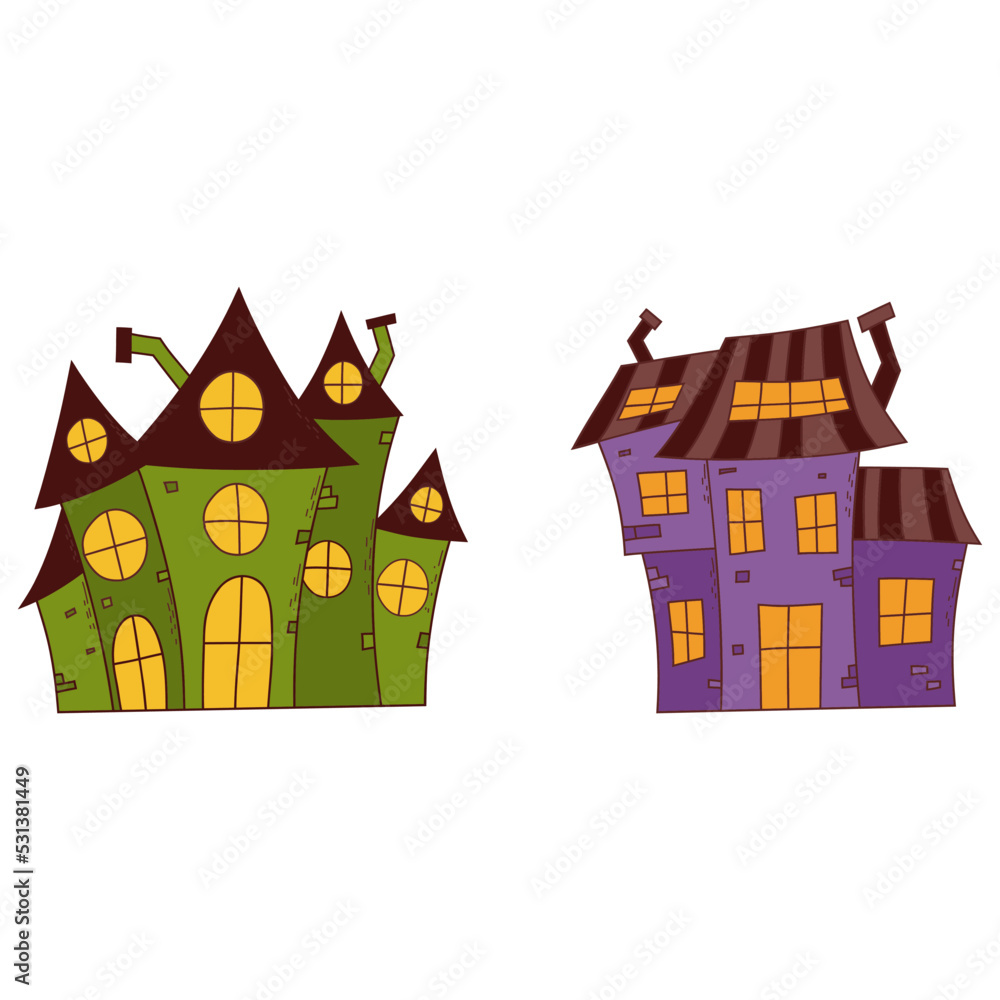 Halloween haunted house set. Trick or treat concept. Vector illustration in hand drawn style