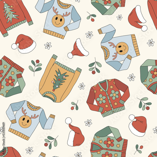 Retro 60s 70s Christmas ugly sweater party Santa cap vector seamless pattern. Hippie Groovy Xmas New Year clothes background. Holiday festive season surface design.