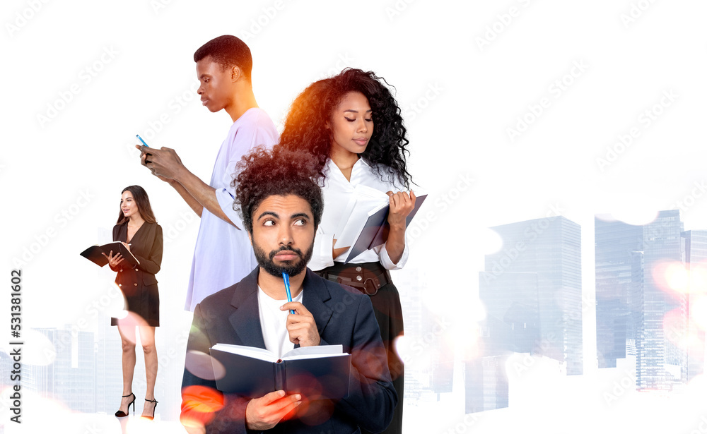 Fototapeta premium Business people studying together, smartphone and notebook, pensive look
