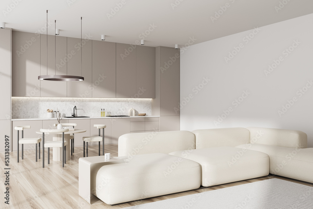 Light studio interior with relax and dining area with mockup empty wall Light studio interior with relax and dining area with mockup empty wall