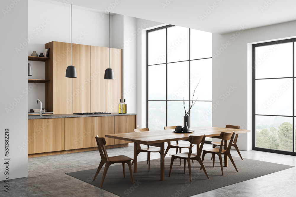 Fototapeta premium Light kitchen interior with table and chairs, cooking and eating area, window