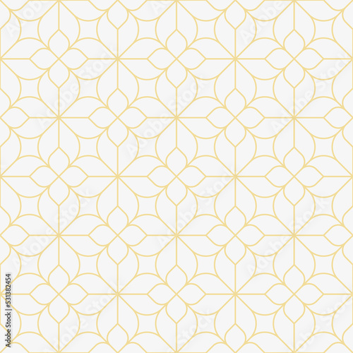 Geometric seamless pattern, simple texture gold line flower shape on white background design for geometric wallpaper, art deco tile, monochrome pattern, web banner element