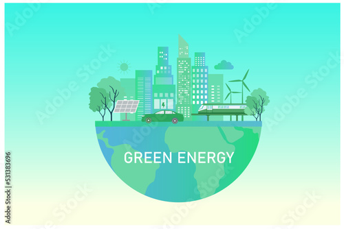 Green energy concept, CO2 carbon emissions reduction and ecology environmental with solar panel, wind turbines,  EV car , earth day vector illustration
