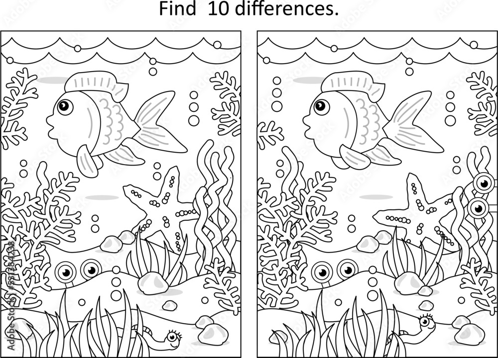 Obraz premium Underwater sea life with little fish difference game 