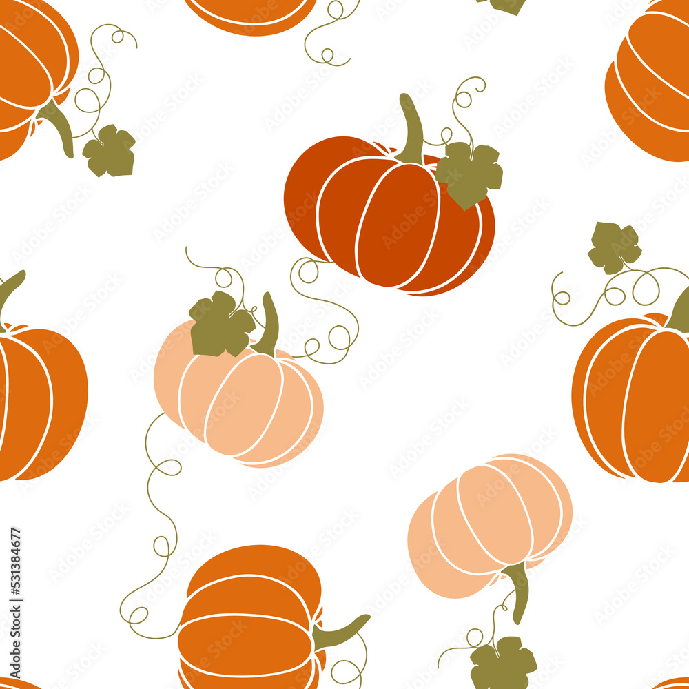 Thanksgiving day background. Vector cartoon illustration, hello autumn. Seamless pattern with cozy orange pumpkins, green pumpkin leaves. Hygge time. Halloween party kitchen linen decor with squash.