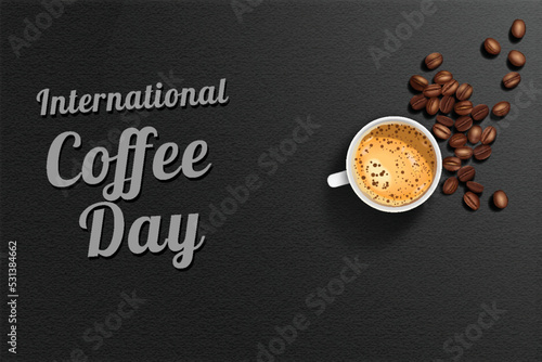 international coffee day background black wall texture with realistic coffee beans and coffee cup 3d illustration photo