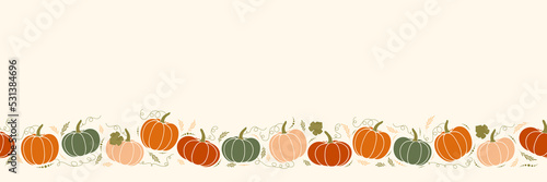 Vector illustration with cozy pumpkins. Horizontal seamless pattern, cute squash. Thanksgiving background for linen, textiles, banner. Halloween party with gourds. Hygge design.