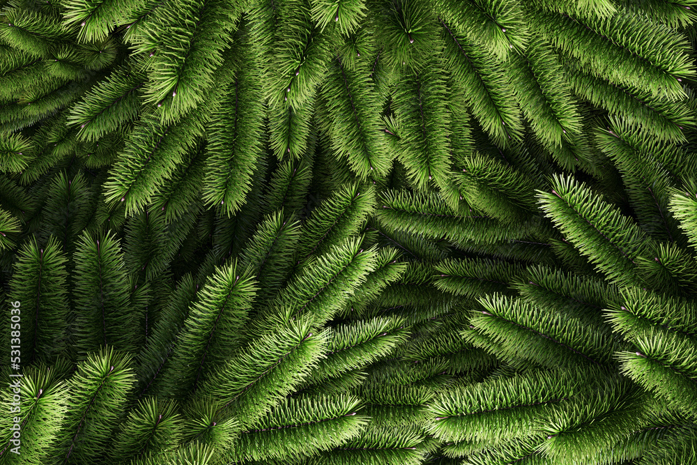 Lush needles of evergreen spruce close-up. Green background from branches. Realistic 3D rendering. Blank for a New Year or Christmas card. Lush needles of evergreen spruce close-up. Green background from branches. Realistic 3D rendering. Blank for a New Year or Christmas card.