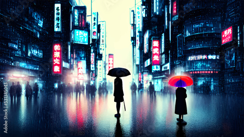 A Couple standing in front of tokyo japan street in the night while raining. Japanese cyberpunk futuristic city. Dark rainy day with sky scrapers. Digital artwork