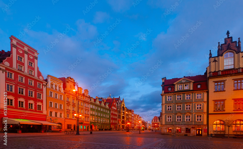 Evening view of the market square in the city of Wroclaw. Poland