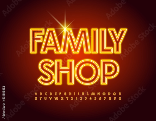 Vector neon logo Family Shop. Yellow electric Font. Led illuminated Alphabet Letters and Numbers set