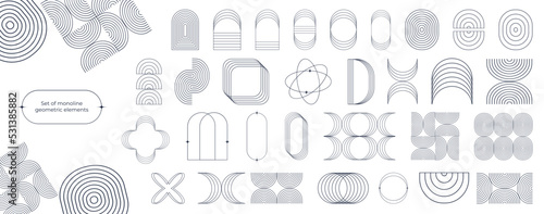 Set of monoline geometric elements. Minimalistic abstract thin lines. For social media posts and stories. Arch, arc, round, ellipse, and square. Boho aesthetic.