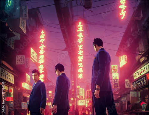 Yakuza gang with neon light in city. Yakuza gang members during Sanja Matsuri Festival  photo