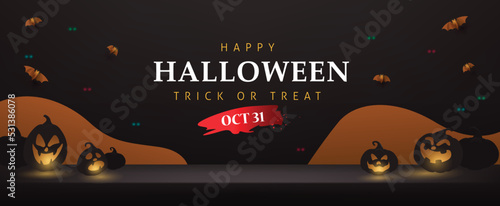 Happy Halloween banner Studio table room product display with copy space and night scene