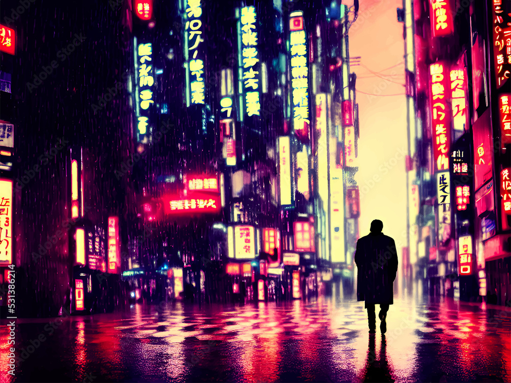 Beautiful night city skyline  in Tokyo Japan with cyberpunk style. Asian street illustration, futuristic city, dystoptic artwork at night