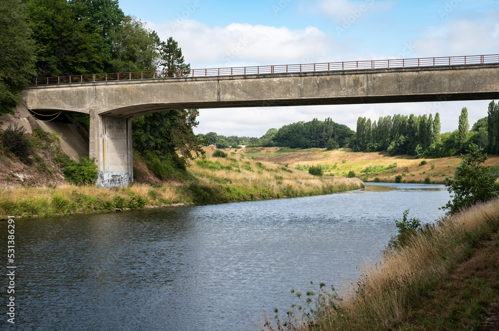 Courcelles, Wallon Region, Belgium, Bridge over the sea canal with green nature surroundings