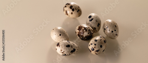 Quail eggs on beige background  banner  place for text