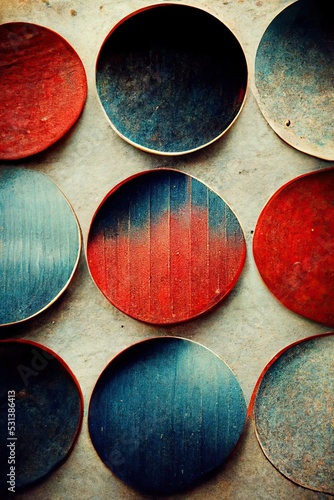 Blue and red Abstract aging enamel painted steel circle cutout metal sheets - minimalistic patterns, rough grungy industrial rust texture. Modern digital art background, highly detailed. photo