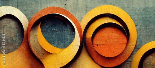 Orange and yellow Abstract aging enamel painted steel circle cutout metal sheets - minimalistic patterns, rough grungy industrial rust texture. Modern digital art background, highly detailed. photo