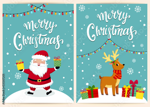 template for congratulations on christmas and new year in cartoon style. funny santa claus and items