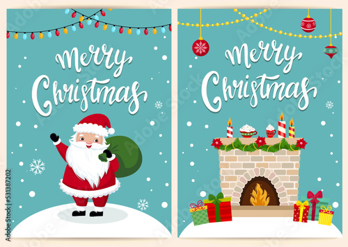 template for congratulations on christmas and new year in cartoon style. funny santa claus and items