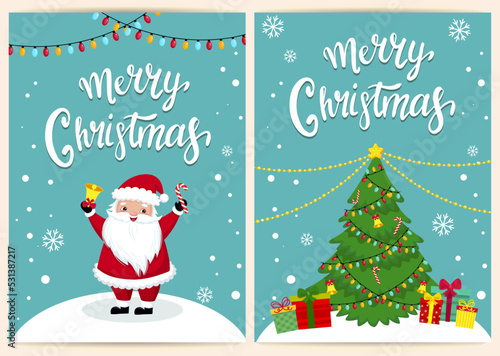 template for congratulations on christmas and new year in cartoon style. funny santa claus and items