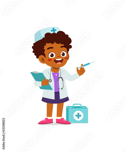 little kid wearing doctor costume and play