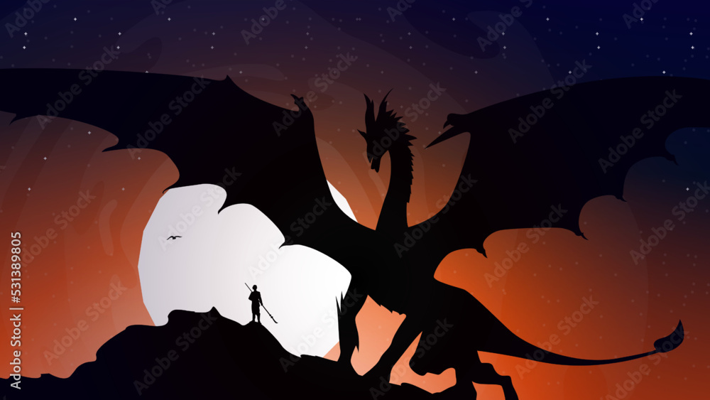knight with spear versus dragon. knight versus dragon at night. full moon illustration background at night. full moon background. Dragon at night background.