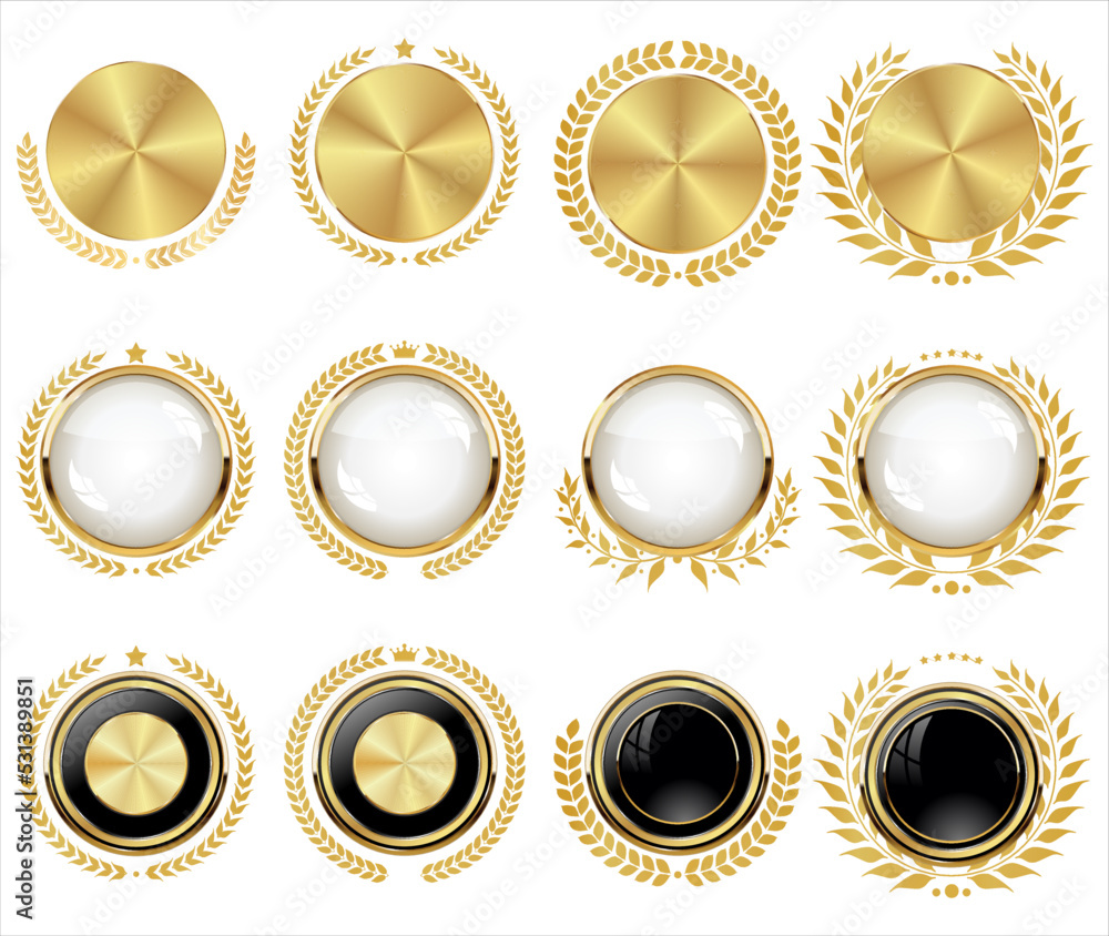 Gold laurel wreath with gold medal collection vector illustration Gold laurel wreath with gold medal collection vector illustration