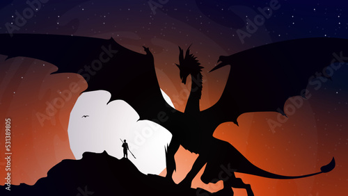 knight with spear versus dragon. knight versus dragon at night. full moon illustration background at night. full moon background. Dragon at night background.