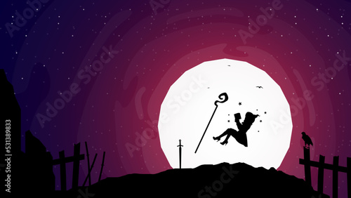 floating witch reading a book. silhouette of a witch. Witch Under Moon Night and Dark Day. witch with magic wand.